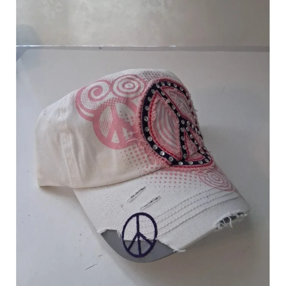 Leader Peace Sign Cadet Cap Distressed Crystal Studded Women's Adjustable White